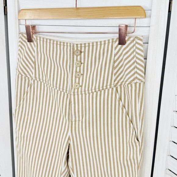 Free People Frankie High Waist Skinny Pants Tan White Stripe Button Front 4 - Picture 5 of 15